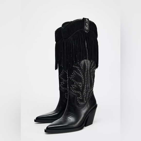 🔥🔥Zara Fringed studded cowboy boots - Picture 1 of 4